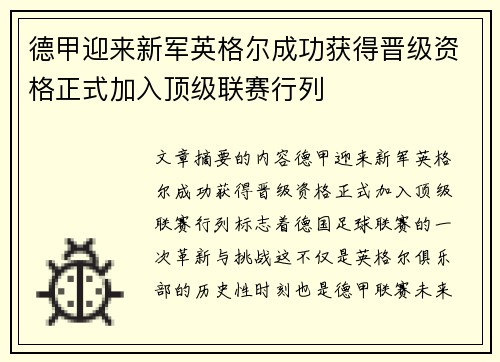 德甲迎来新军英格尔成功获得晋级资格正式加入顶级联赛行列