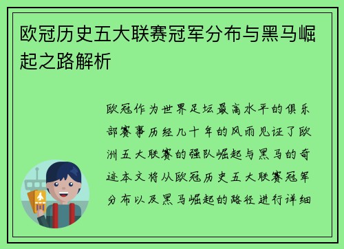 欧冠历史五大联赛冠军分布与黑马崛起之路解析