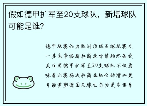 假如德甲扩军至20支球队，新增球队可能是谁？